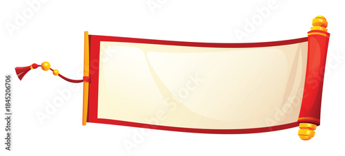Traditional Chinese horizontal scroll with blank paper and red border isolated by a white background. Vector cartoon illustration