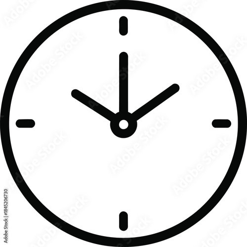 Black outline icon of a clock face showing approximately 3:55 on a white background time watch