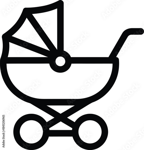 Black Outline Icon of a Baby Stroller or Pram on a White Background Keywords: stroller icon, pram icon, baby icon, child icon, transportation icon, travel icon, family icon, parenting icon, symbol