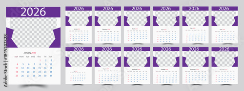 Purple 2026 yearly calendar template design with photo placeholders for customization