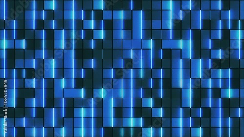 Small blue square shapes glow with light edges. They form a geometric, mosaic pattern.