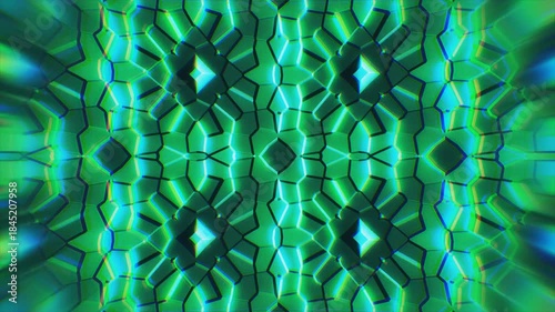 Green shapes glow and move in a kaleidoscope style.