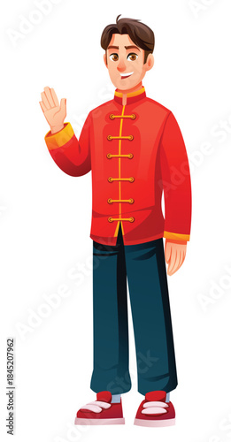 Man wearing traditional Chinese clothes and standing, waving hand. Cheerful male character smiling. Isolated. Vector cartoon illustration