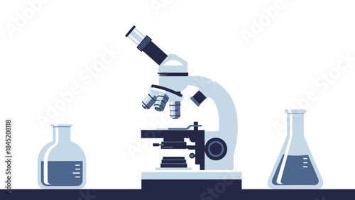 Advanced laboratory microscope surrounded by chemical flasks and test tubes for scientific