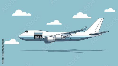Advanced Illustration of Commercial Passenger Airplane Flight in Clear Sky with Cloud Elements