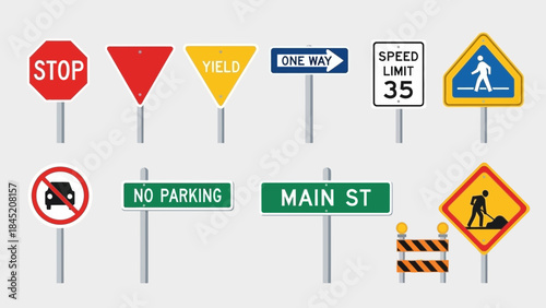 Array of road signs including stop yield speed limit construction no parking and street name signs