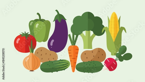 Assorted fresh vegetables including tomato, cucumber, carrot, eggplant, corn, and leafy greens