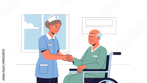 caring nurse handshaking with patient in hospital room emphasizing compassion and healthcare support