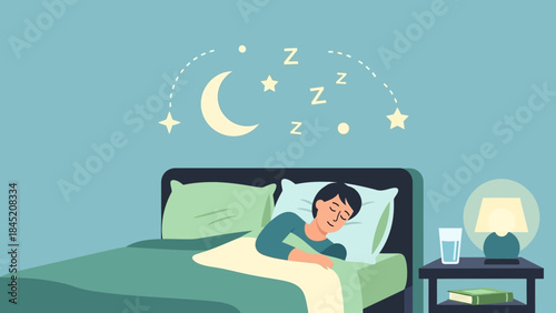 Calm nighttime bedroom scene depicting a person peacefully sleeping under a starry sky with