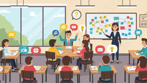 collaborative classroom setting with students engaged in learning and teacher guiding discussion