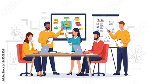 collaborative team of business professionals working on a project in a modern conference room