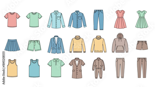 Collection of casual and formal clothing items including shirts, dresses, pants, and accessories