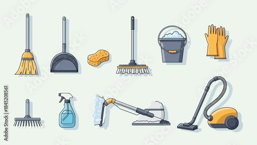 Collection of cleaning tools and supplies for household maintenance and hygiene