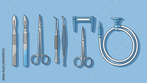 Collection of detailed medical and dental instruments arranged on a light blue background for