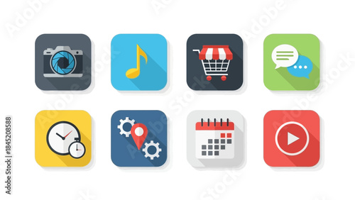 Collection of digital icons representing multimedia, shopping, communication, and scheduling tools