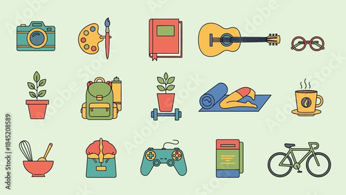 Collection of diverse hobby and lifestyle icons featuring art, music, sports, and relaxation