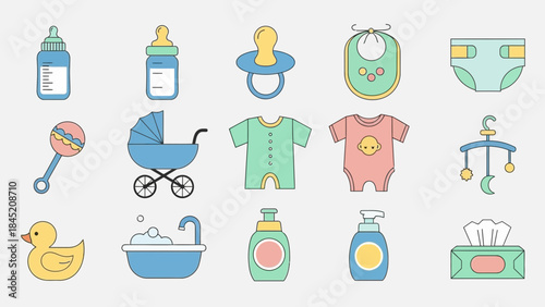 Colorful Baby Care Items Collection Featuring Bottles, Diaper, and Toys for Infants