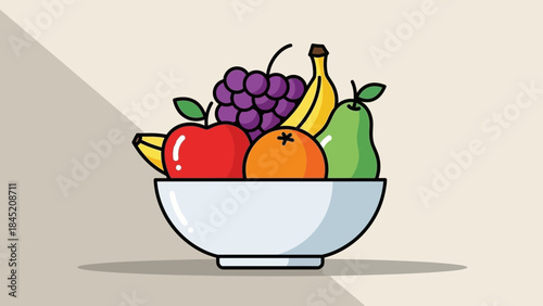 Colorful Cartoon Fruit Bowl Featuring Apples bananas grapes oranges and pears for healthy eating