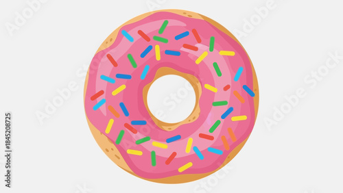 Colorful cartoon style donut with pink glaze and rainbow sprinkles for dessert illustration