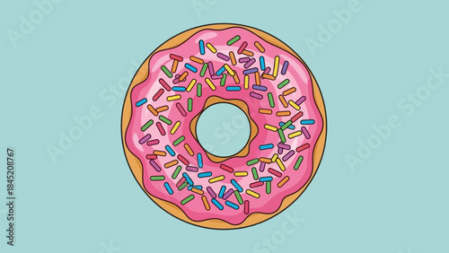 Colorful donut with pink icing and multicolored sprinkles on light blue background