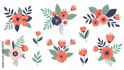 Colorful Hand-Drawn Floral Arrangements with Vibrant Petals and Leafy Accents for Botanical Design