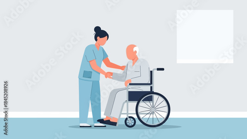 Compassionate Caregiving Scene Showing Nurse Supporting Elderly Patient in Wheelchair in Modern