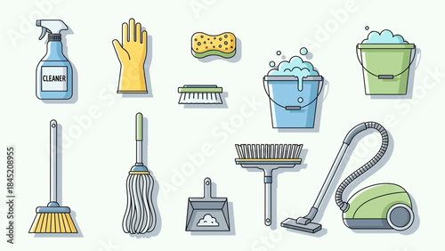 Comprehensive cleaning tools collection including spray bottle brushes mops and vacuum appliances