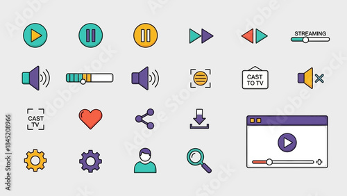 Comprehensive collection of multimedia control icons and user interface elements for digital