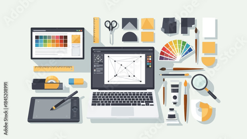 Comprehensive digital art creation workspace with design tools and color palettes for graphic
