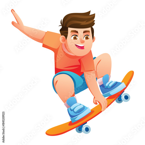 Young boy playing skateboard, doing an aerial trick with one extended arm and bent knees on white background isolated. Vector cartoon illustration