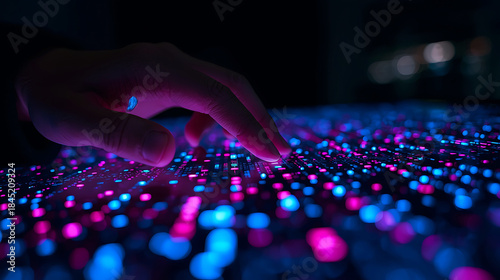 Human Hand Interacting with Futuristic Digital Interface Grid