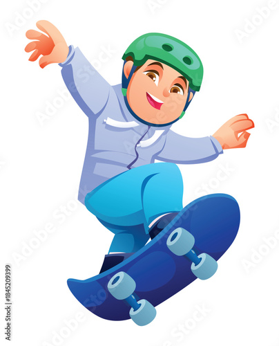 Young boy playing skateboard, wearing helmet and jacket doing a mid-air trick with both arms raised on white background isolated. Vector cartoon illustration