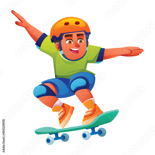 Young boy playing skateboard, wearing helmet and pads doing a jump trick with arms extended for balance on white background isolated. Vector cartoon illustration