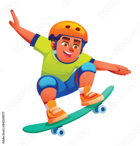 Young boy playing skateboard, wearing helmet and pads executing an air trick with arms reaching high on white background isolated. Vector cartoon illustration