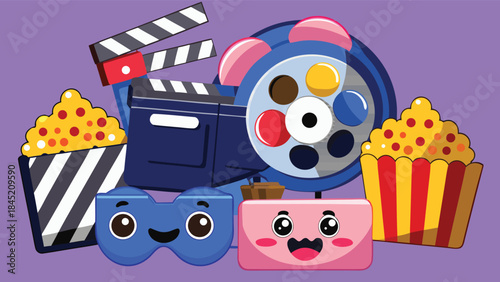 Movie Night Entertainment: Film Gear, Popcorn, and Cute Cinema Accessories Illustration
