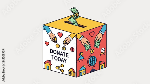 Creative Illustration of a Donation Box with Hands Placing Money and Hearts to Promote Giving