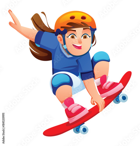 Young girl playing skateboard, wearing helmet and pads doing an air trick with one arm reaching high on white background isolated. Vector cartoon illustration