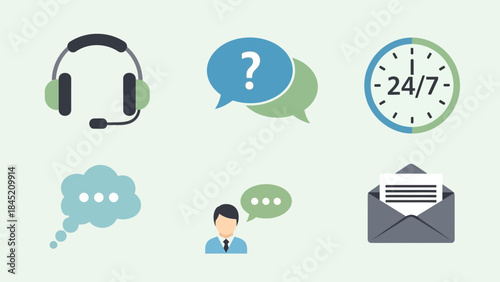 Customer Support and Communication Icons Set Depicting Helpdesk Services and Timely Assistance
