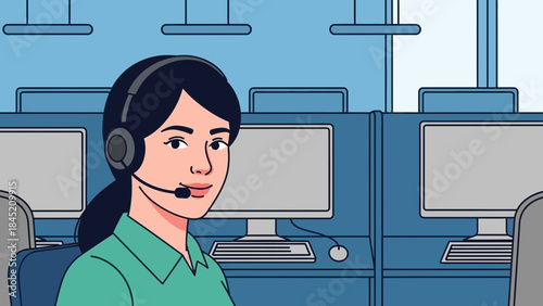Customer Support Representative in Call Center with Headset and Multiple Computers