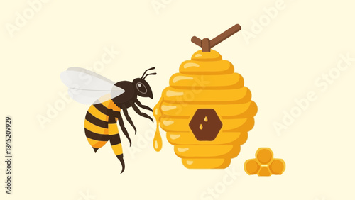 Cute cartoon bee and honeycomb illustration highlighting honey production process