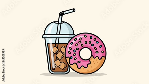 Cute Cartoon Coffee Drink with Ice Cubes and a Delicious Pink Donut with Sprinkles Displayed in a