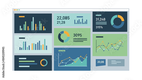 Data analytics dashboard showcasing diverse visualizations and statistical metrics for business