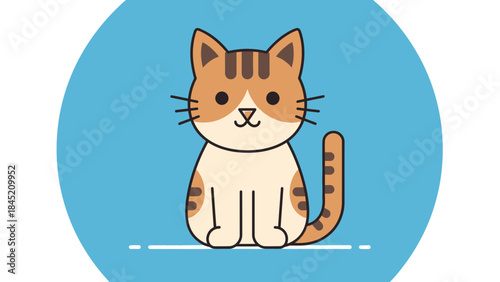 Cute cartoon kitten with orange and white fur sitting on a simple blue background