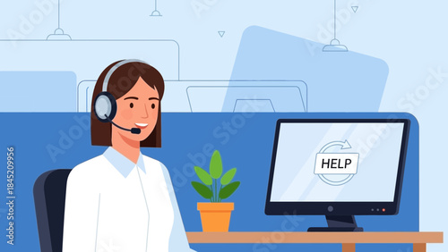Customer Support Representative with Headset Providing Assistance via Computer Screen