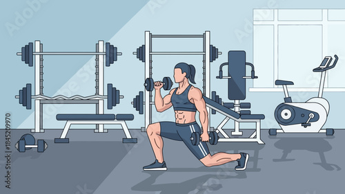 Dedicated female athlete performing strength training exercises in a modern gym setting