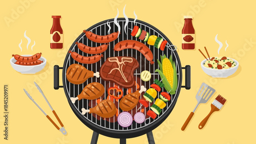 Delicious Barbecue Feast Featuring Juicy Grilled Meats and Vegetables with Sauces and Side Dishes