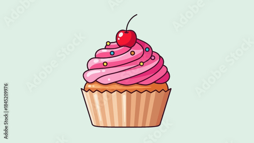 Delicious cherry-topped pink frosting cupcake with colorful sprinkles and a paper cup wrapper