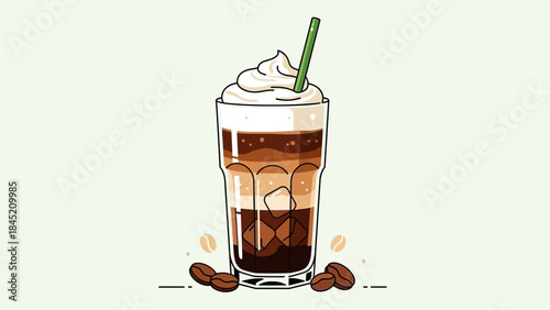 Delicious layered coffee beverage topped with whipped cream and served with a straw in a clear glass