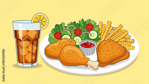 Delicious crispy fried chicken drumsticks with fresh vegetable salad and cold iced tea on a