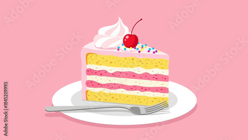 Delicious layered birthday cake with pink frosting whipped cream and cherry topping in a